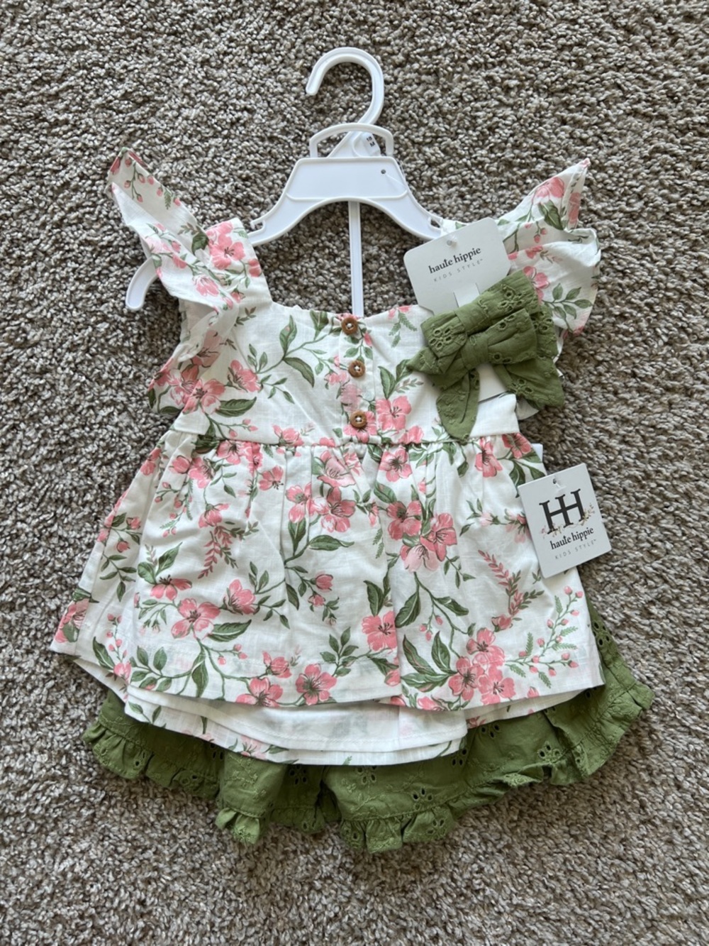 Haute Hippie Pink & Green Floral Ruffle Two-Piece Baby Set